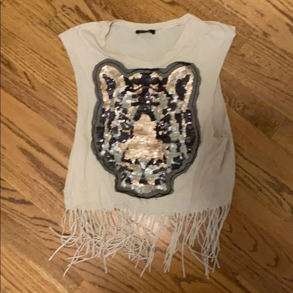 Audrey sequin tiger tan tassel shirt